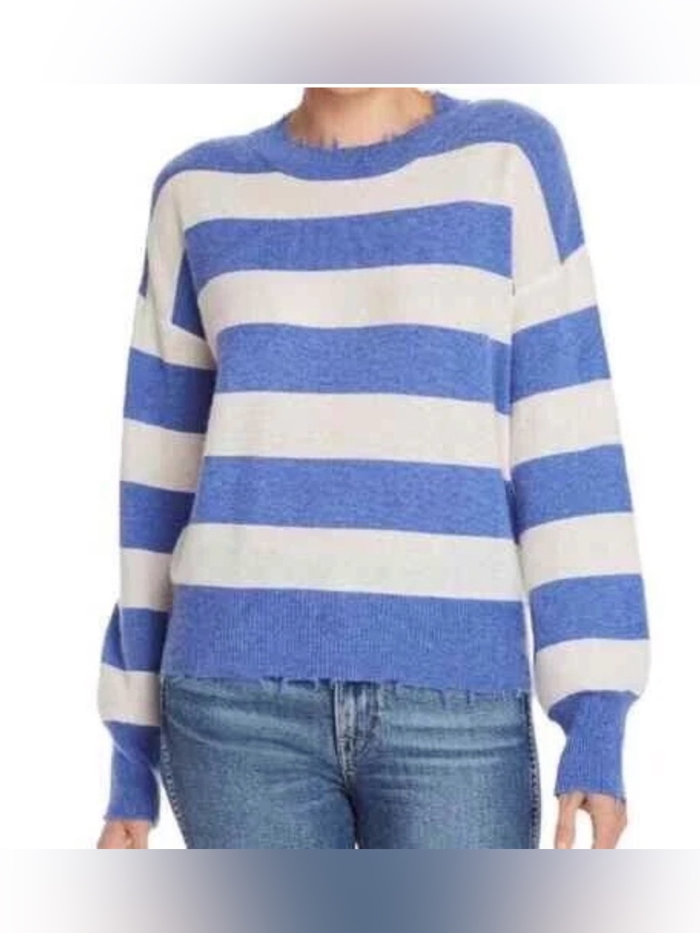 AQUA Cashmere Women’s  Beluga/White B-Orion Distressed Striped Sweater Size XS